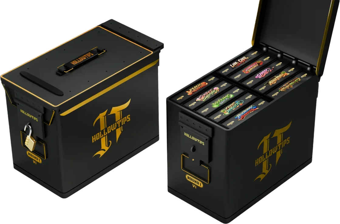 Round I locked 100-pack ammo can, open showing all ten flavors