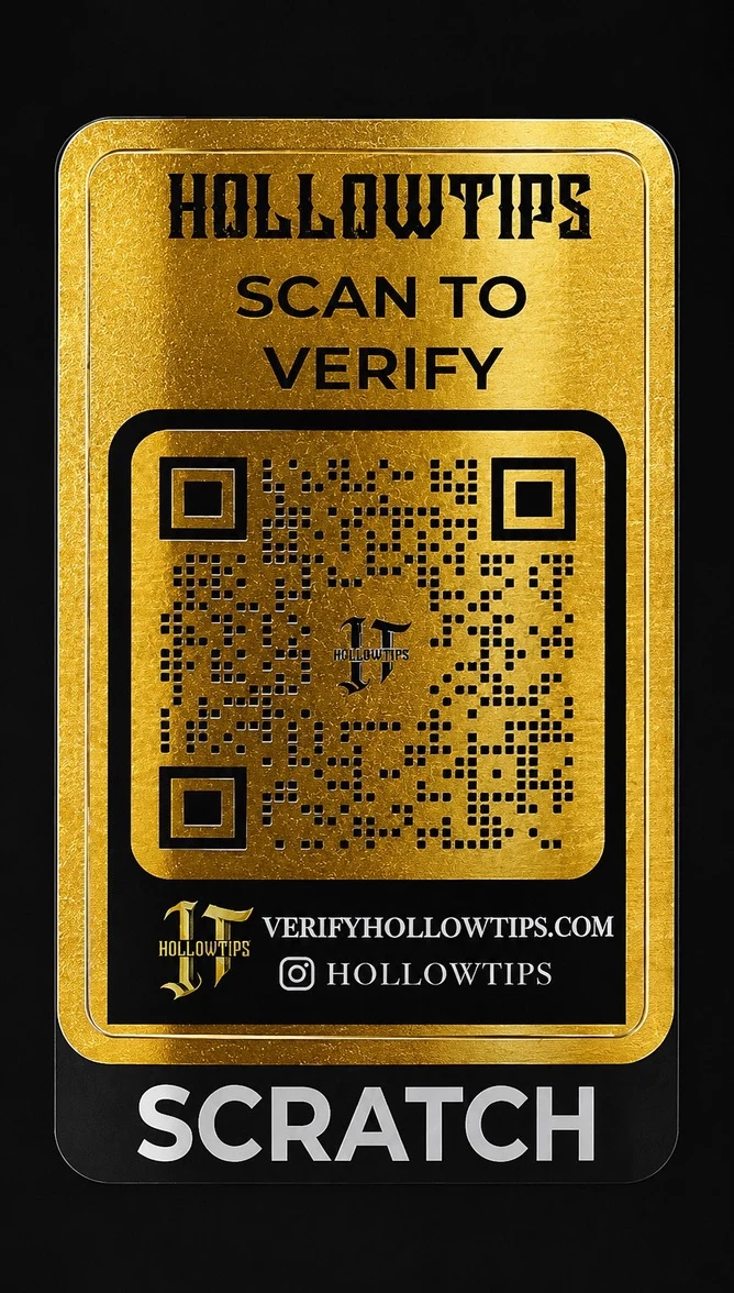 Real Hollowtips Scan-to-Verify panel — scratch the gold to reveal the live QR code